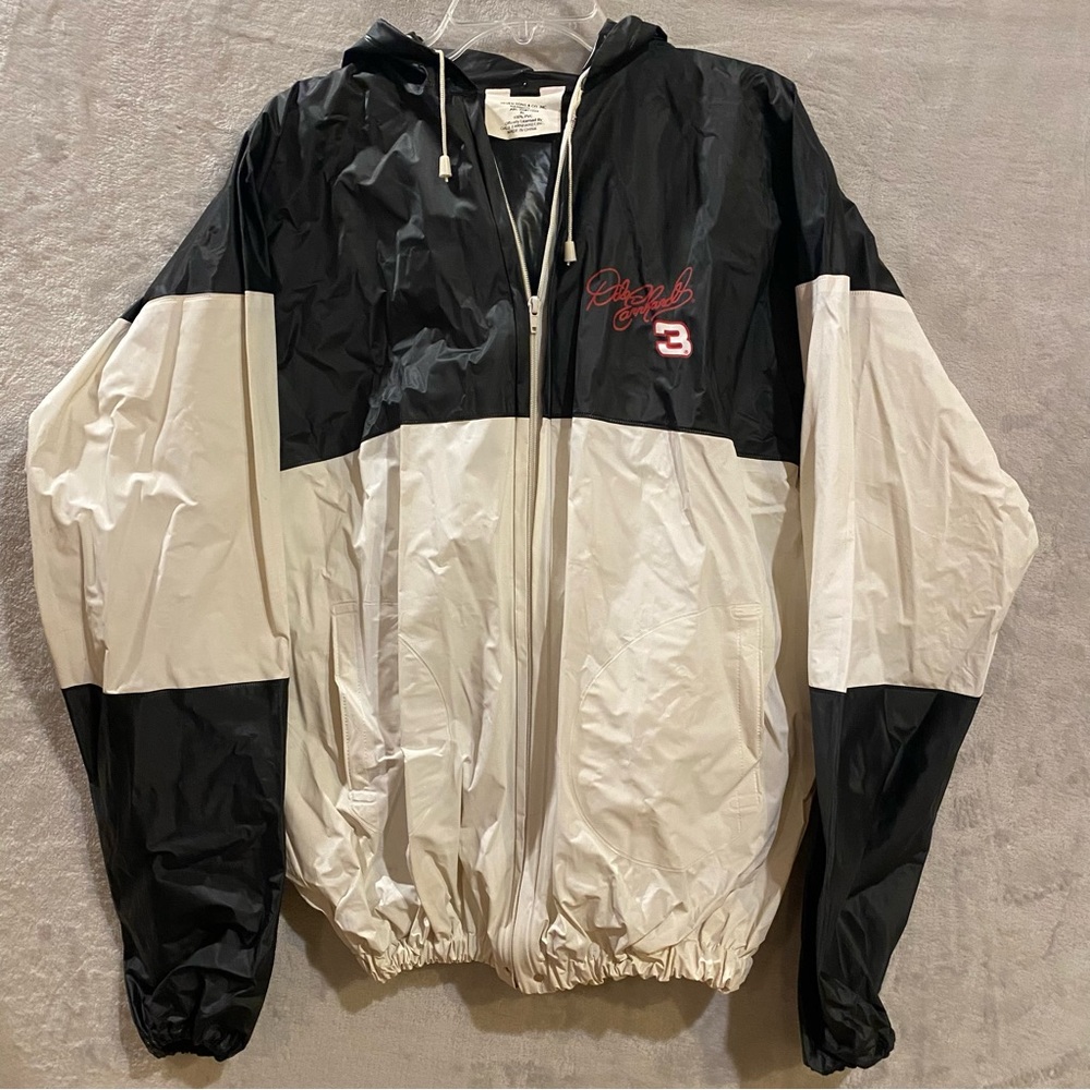 Dale Earnhardt Raincoat Men’s XL White Bkack Full Zip Hooded NASCAR GM Chevrolet